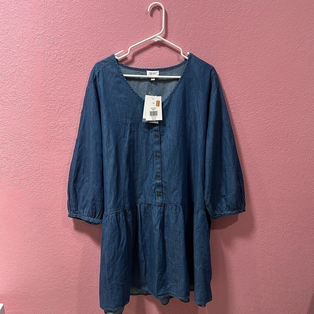 TRUE CRAFT 3/4 Sleeve Denim Shirt Mini Dress Size 1X NWT
